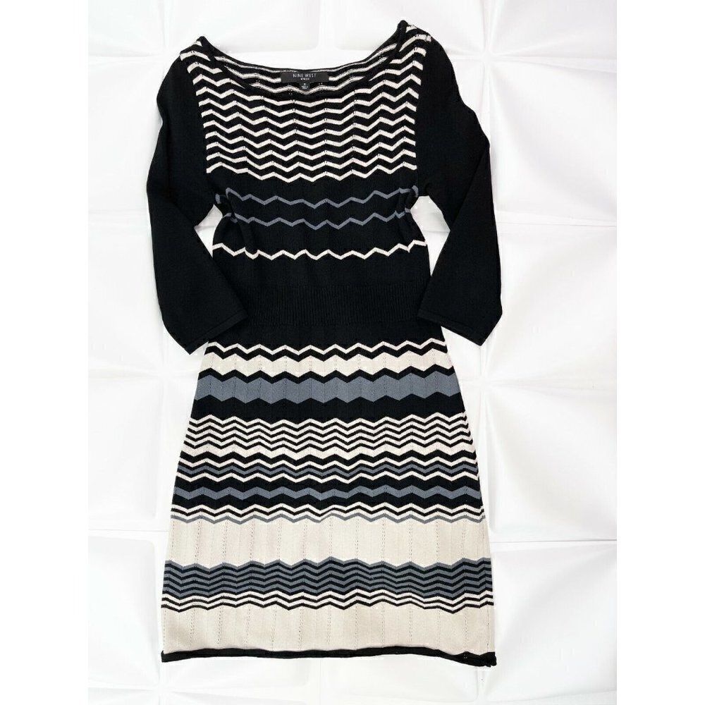 Nine West Sz S Chevron Pointelle Chevron Mitre Print Sweater Sheath Shift Dress